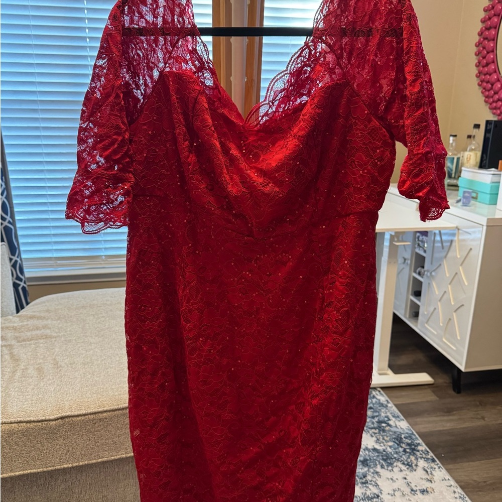 Torrid Red Lace Elbow Length Sleeve Midi Bodycon Dress